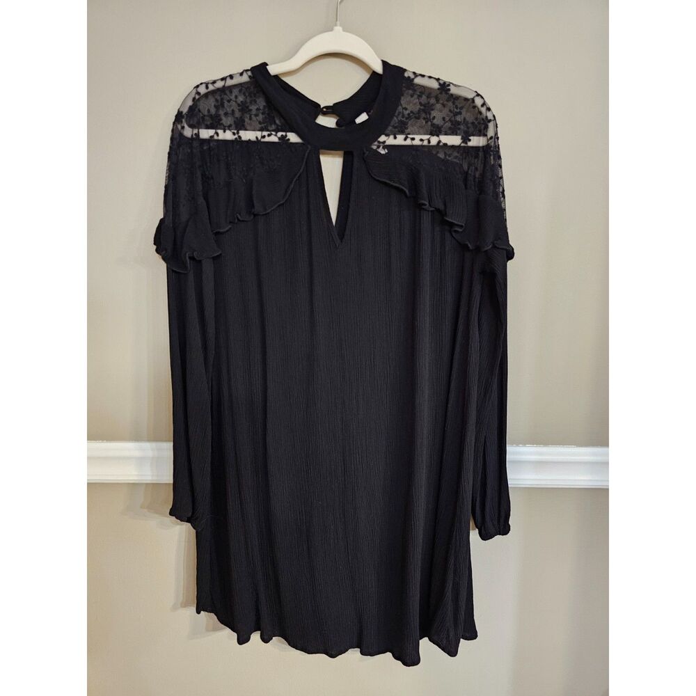Peppermint Black Lace Yoke Ruffle Blouse Size L Sheer Boho Top